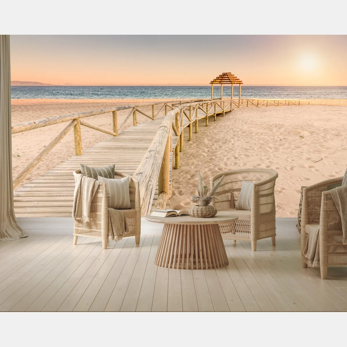 Fototapete hölzerner steg zum strand von Trafalgar bei sonnenuntergang – Wallnifity®