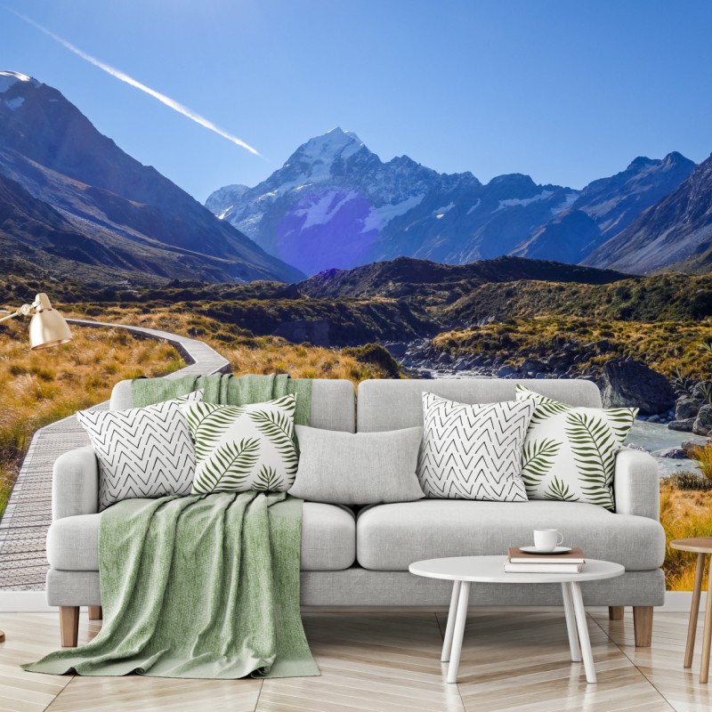 Fototapete holzsteg im Hooker Valley mit blick auf Aoraki Mount Cook