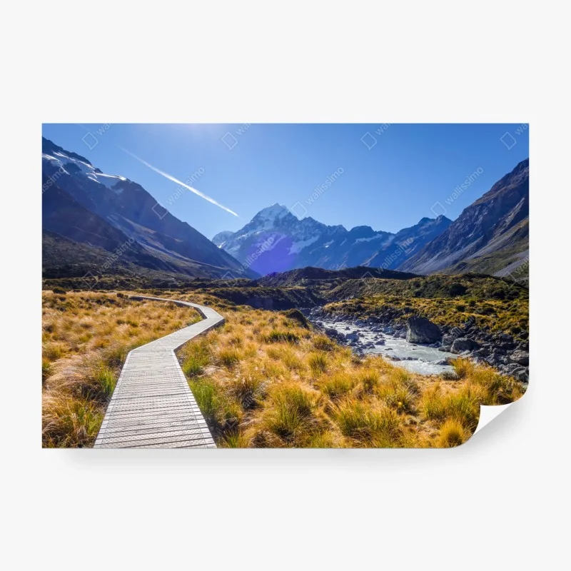 Fototapete holzsteg im Hooker Valley mit blick auf Aoraki Mount Cook