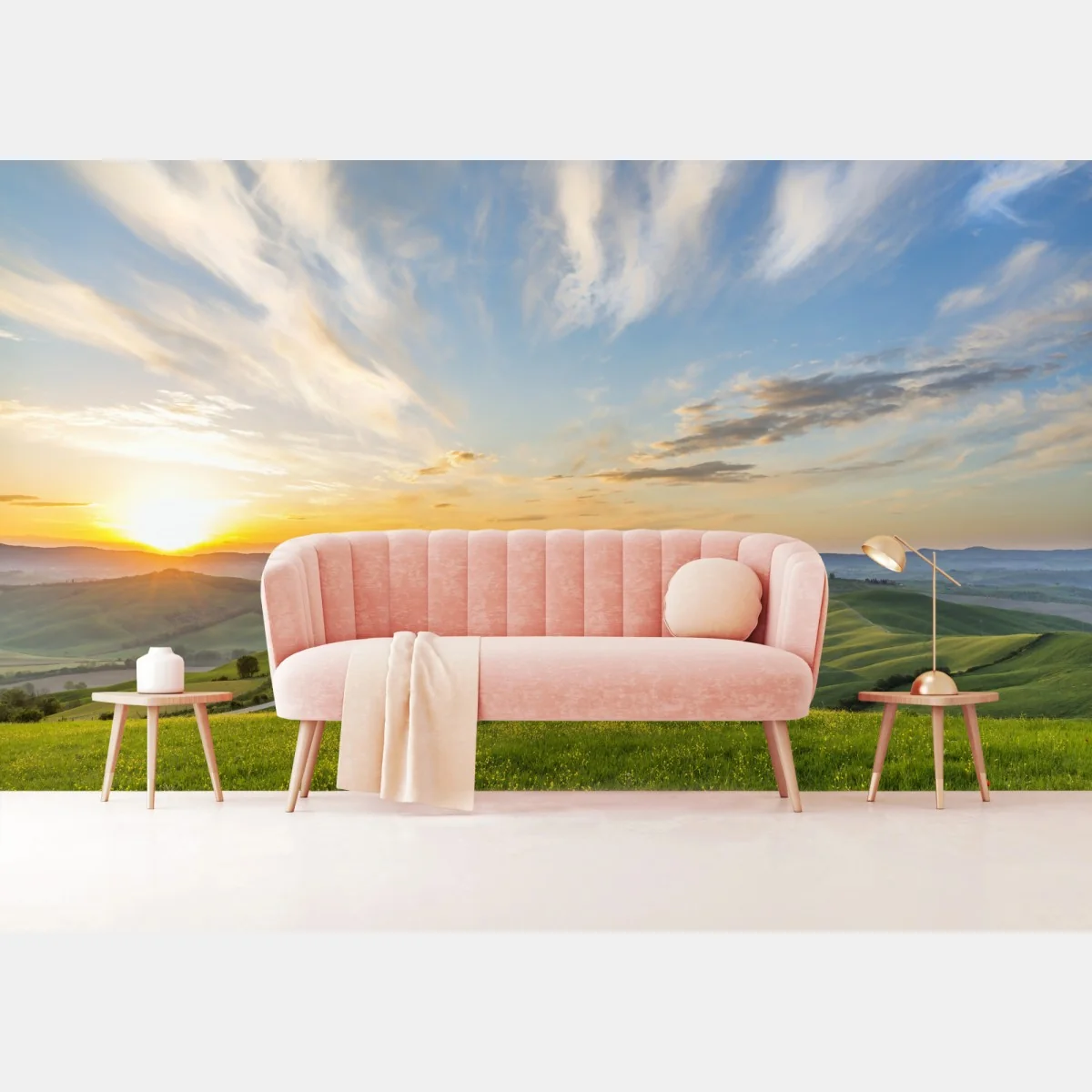 Fototapete sonnenaufgang über einer wiese in Italien – Wallnifity® Fototapete sonnenaufgang über einer wiese in Italien – Wallnifity®