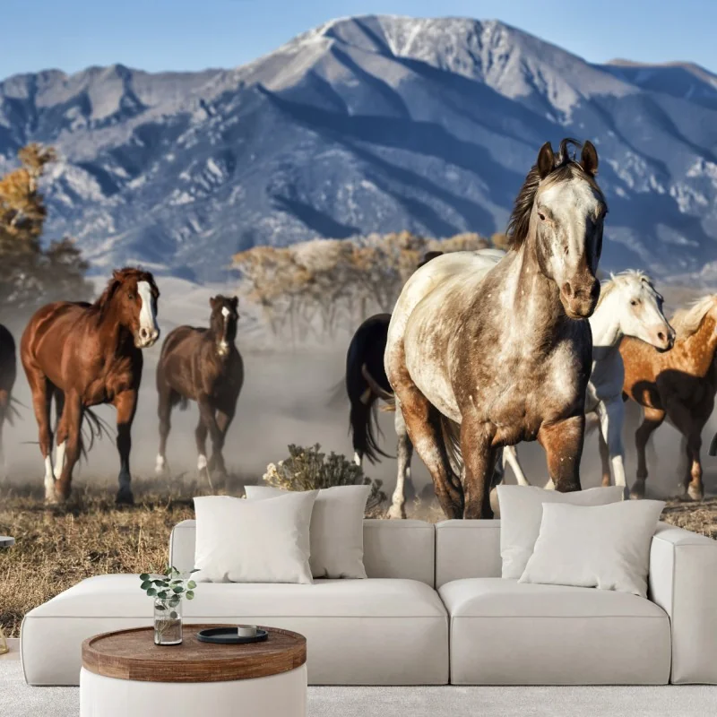 Fototapete wilde pferde galoppieren auf gebirgswiese