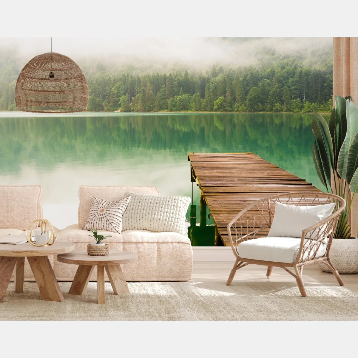 Fototapete nebliger see mit hölzernem steg – Wallnifity®