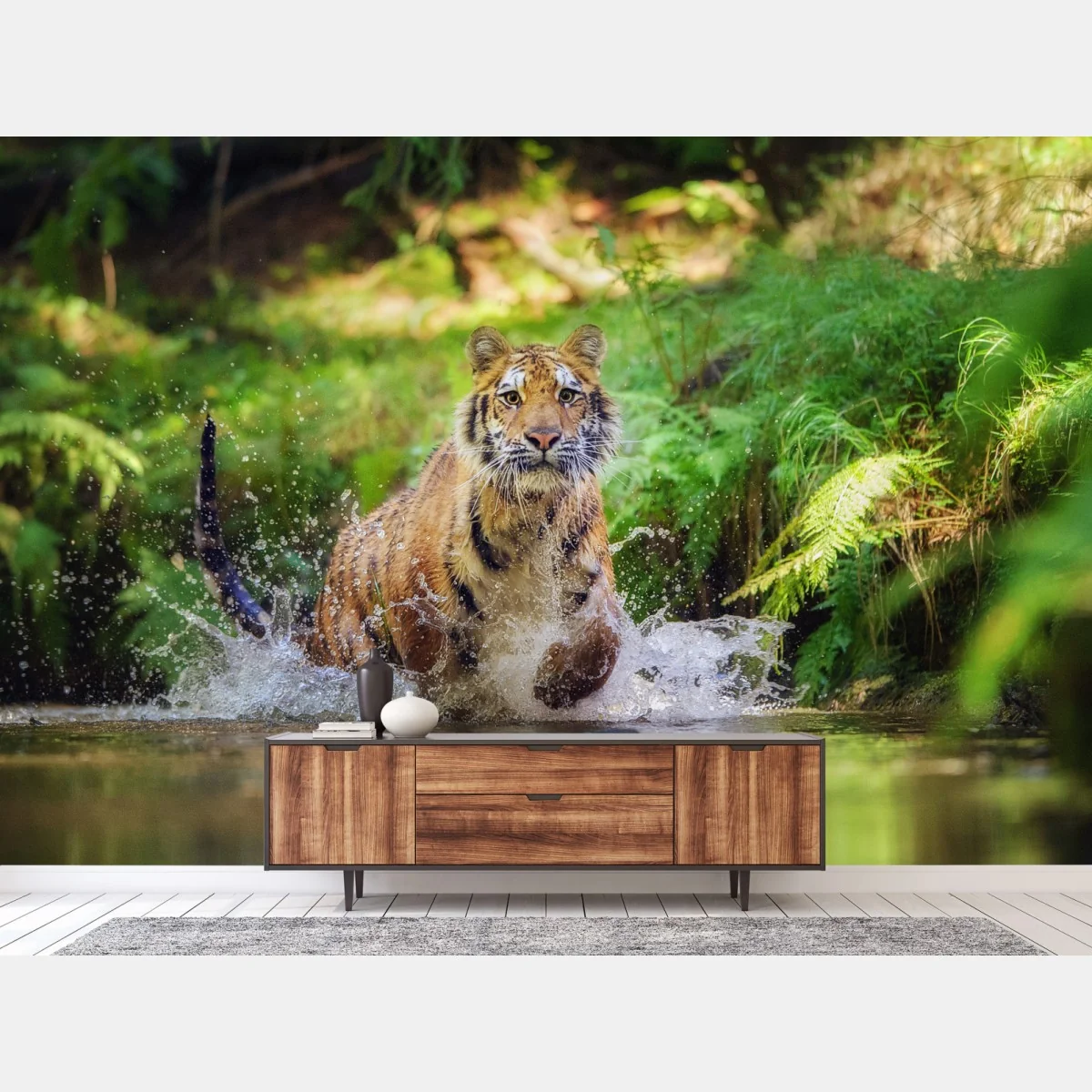 Fototapete majestätischer tiger im waldbach – Wallnifity® Fototapete majestätischer tiger im waldbach – Wallnifity®