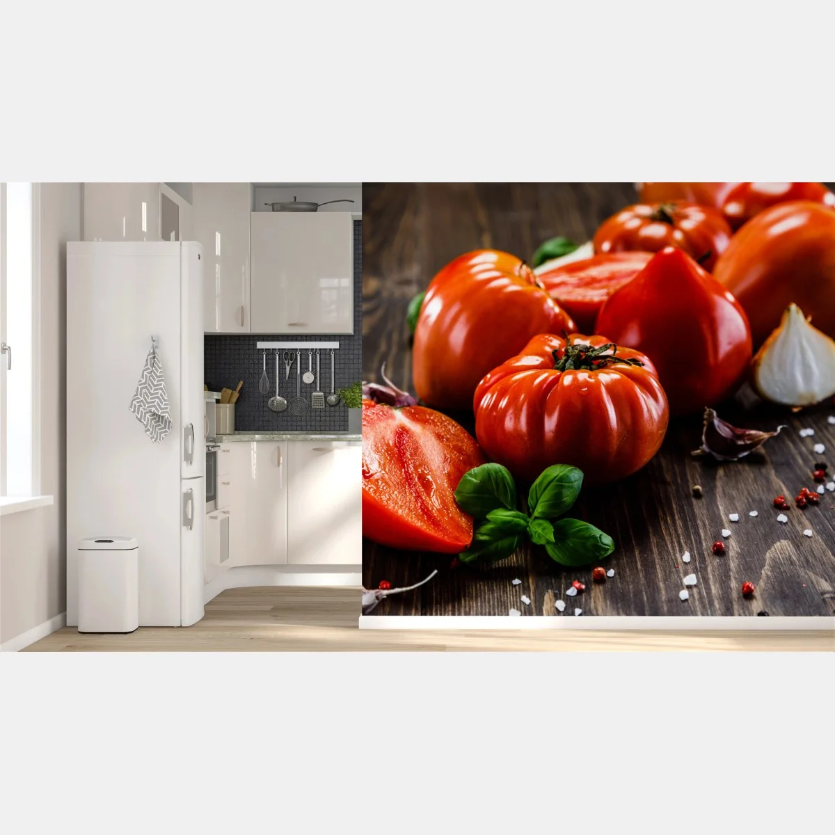 Fototapete reife tomaten auf rustikalem holztisch – Wallnifity®