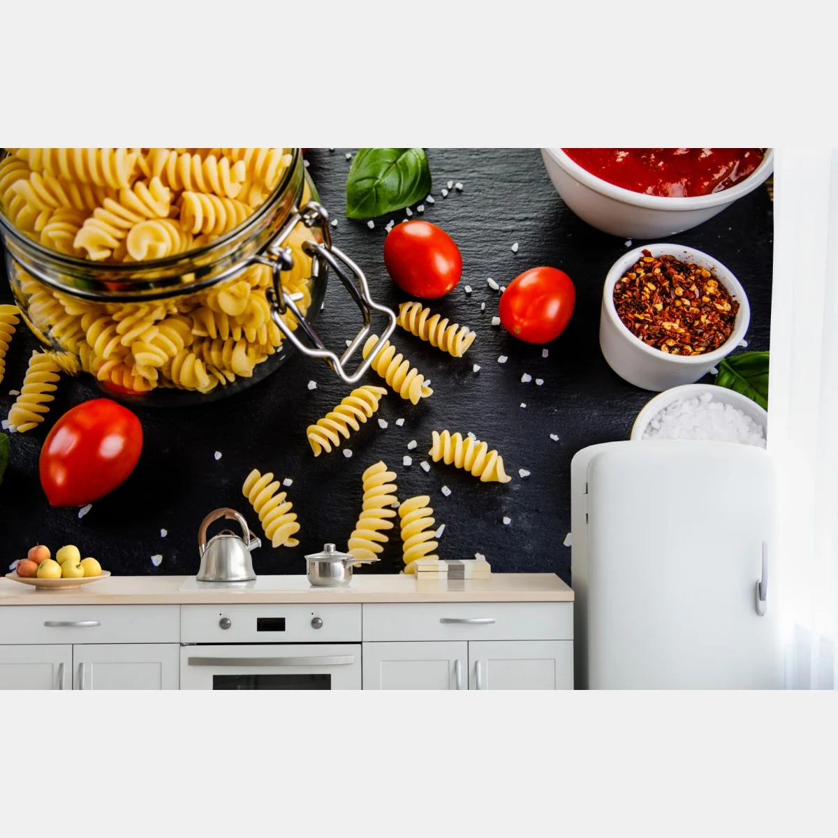 Fototapete pasta zutaten arrangiert mit tomaten und basilikum – Wallnifity® Fototapete pasta zutaten arrangiert mit tomaten und basilikum – Wallnifity®