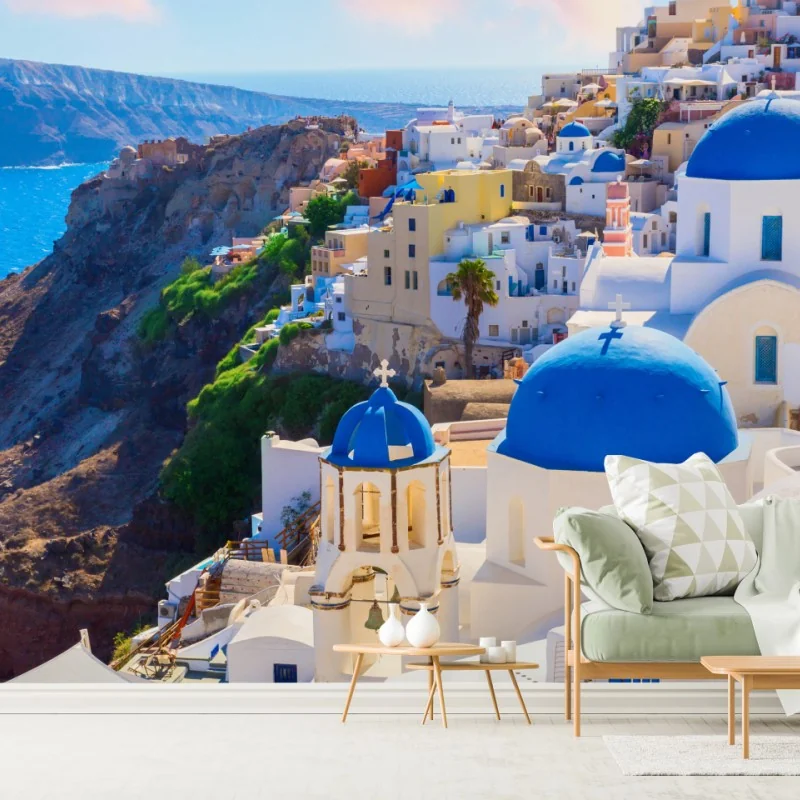 Fototapete Santorini blaue kuppeln und weiße häuser