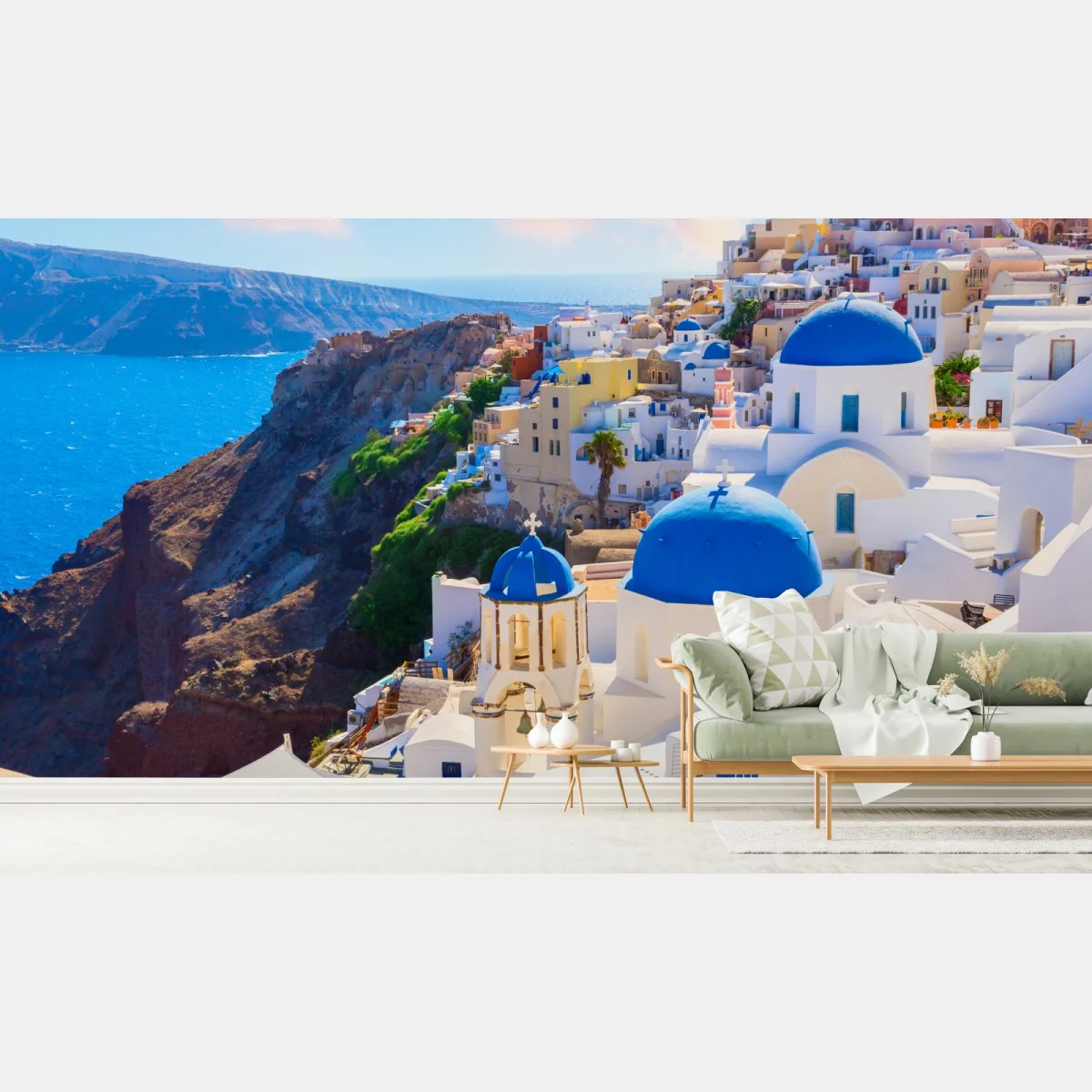 Fototapete Santorini blaue kuppeln und weiße häuser – Wallnifity® Fototapete Santorini blaue kuppeln und weiße häuser – Wallnifity®