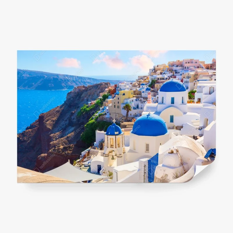 Fototapete Santorini blaue kuppeln und weiße häuser