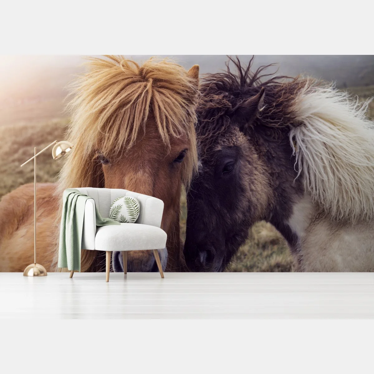 Fototapete zwei pferde auf einem nebligen hügel, Färöer-Inseln – Wallnifity® Fototapete zwei pferde auf einem nebligen hügel, Färöer-Inseln – Wallnifity®