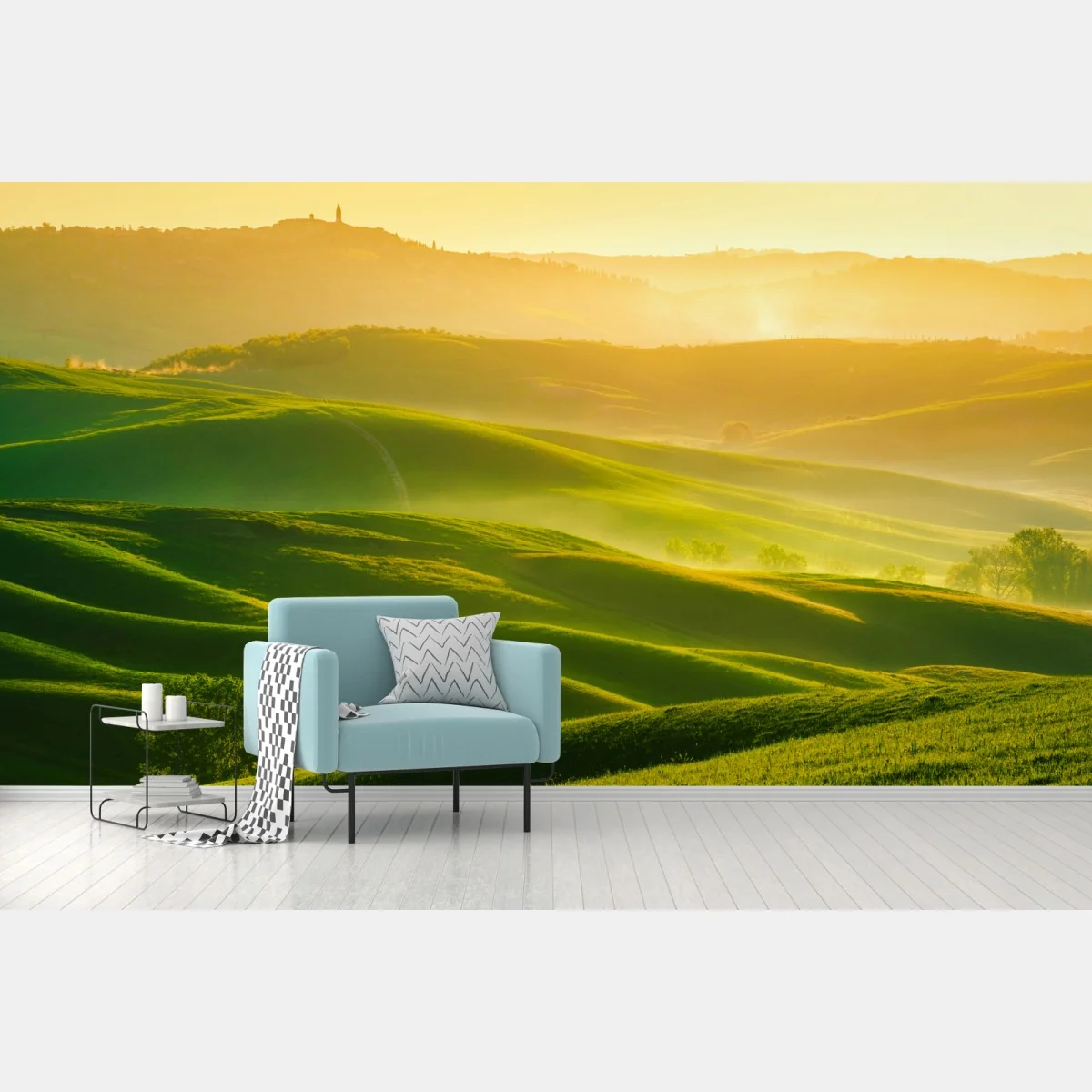 Fototapete goldener sonnenaufgang über sanften grünen hügeln – Wallnifity® Fototapete goldener sonnenaufgang über sanften grünen hügeln – Wallnifity®