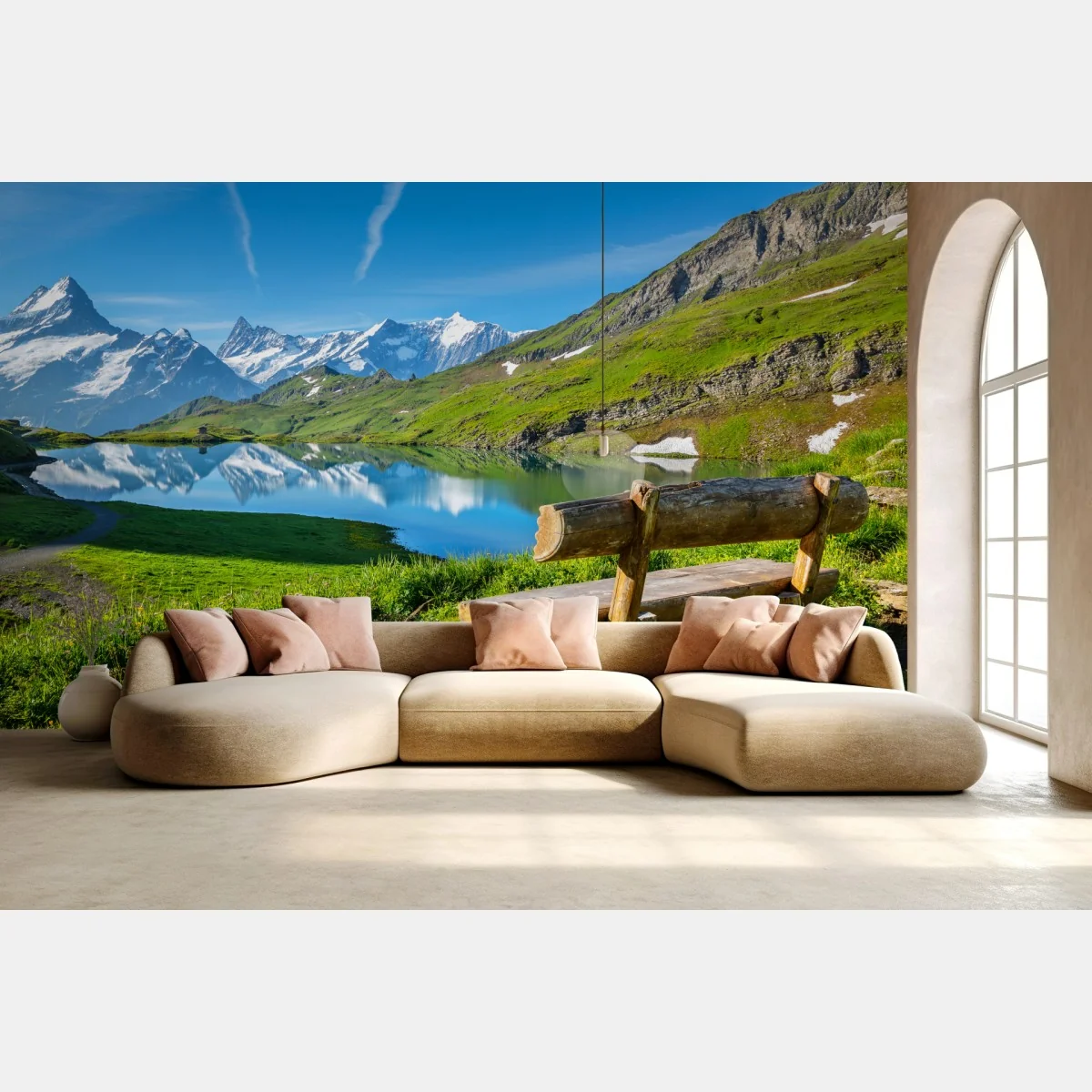 Fototapete alpensee mit hölzerner bank – Wallnifity®