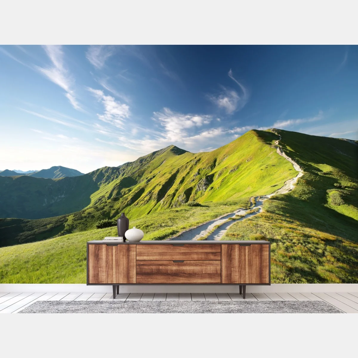 Fototapete sonnenbeschienener berggrat mit pfad – Wallnifity® Fototapete sonnenbeschienener berggrat mit pfad – Wallnifity®