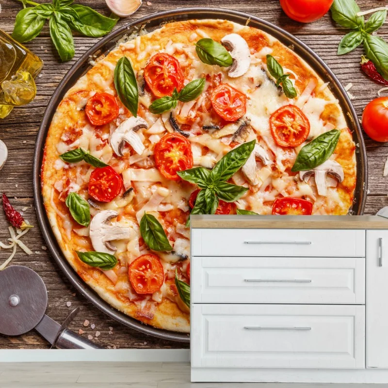 Fototapete frische pizza mit basilikum und cherrytomaten – Wallnifity® Fototapete frische pizza mit basilikum und cherrytomaten – Wallnifity®