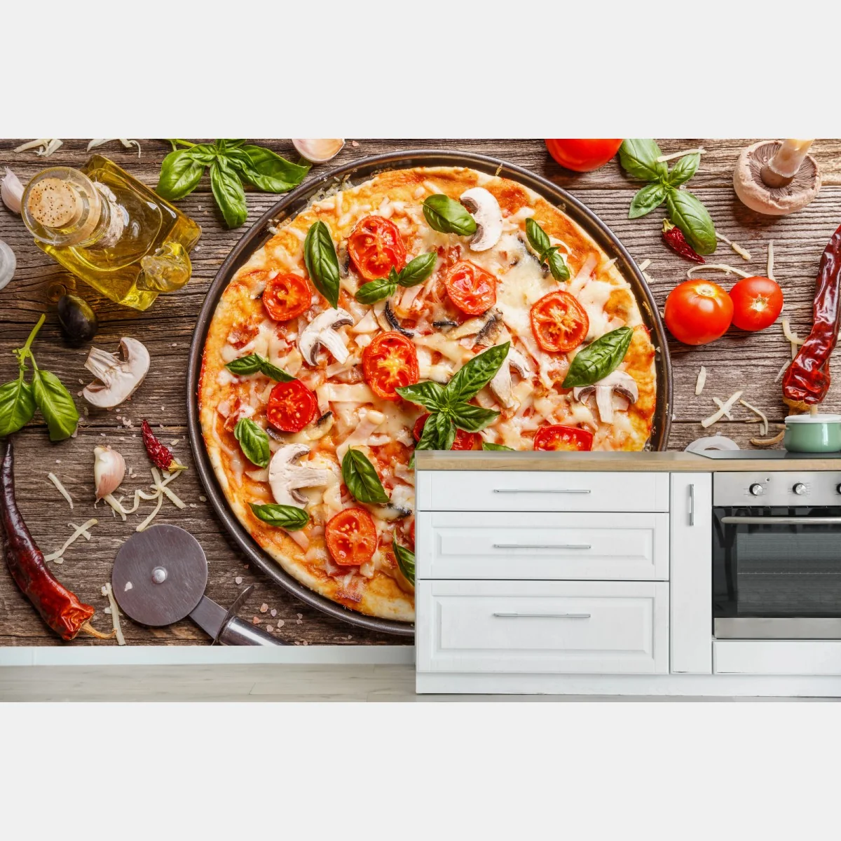 Fototapete frische pizza mit basilikum und cherrytomaten – Wallnifity®
