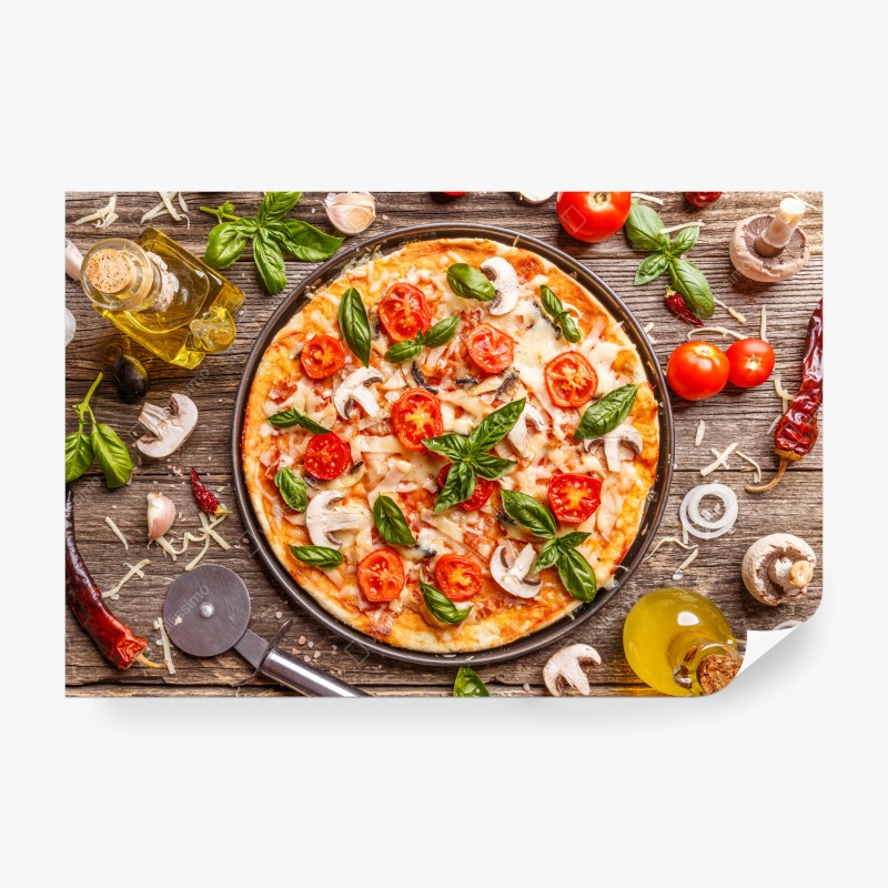 Fototapete frische pizza mit basilikum und cherrytomaten