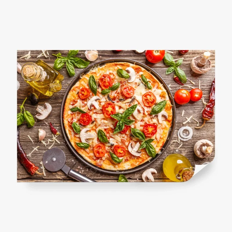 Fototapete frische pizza mit basilikum und cherrytomaten – Wallnifity® Fototapete frische pizza mit basilikum und cherrytomaten – Wallnifity®