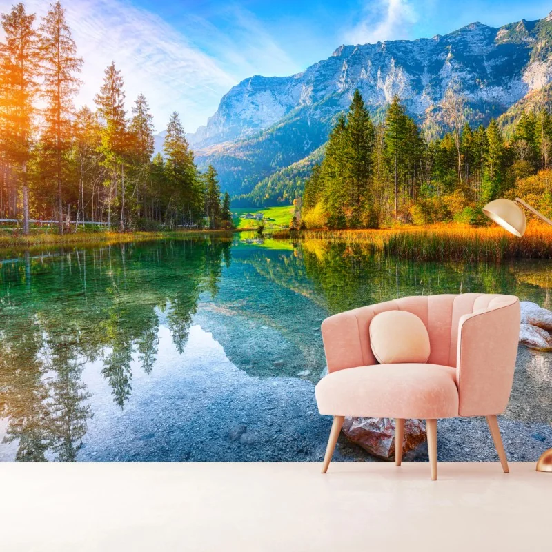 Fototapete Hintersee herbstliche see- und bergspiegelung – Wallnifity® Fototapete Hintersee herbstliche see- und bergspiegelung – Wallnifity®