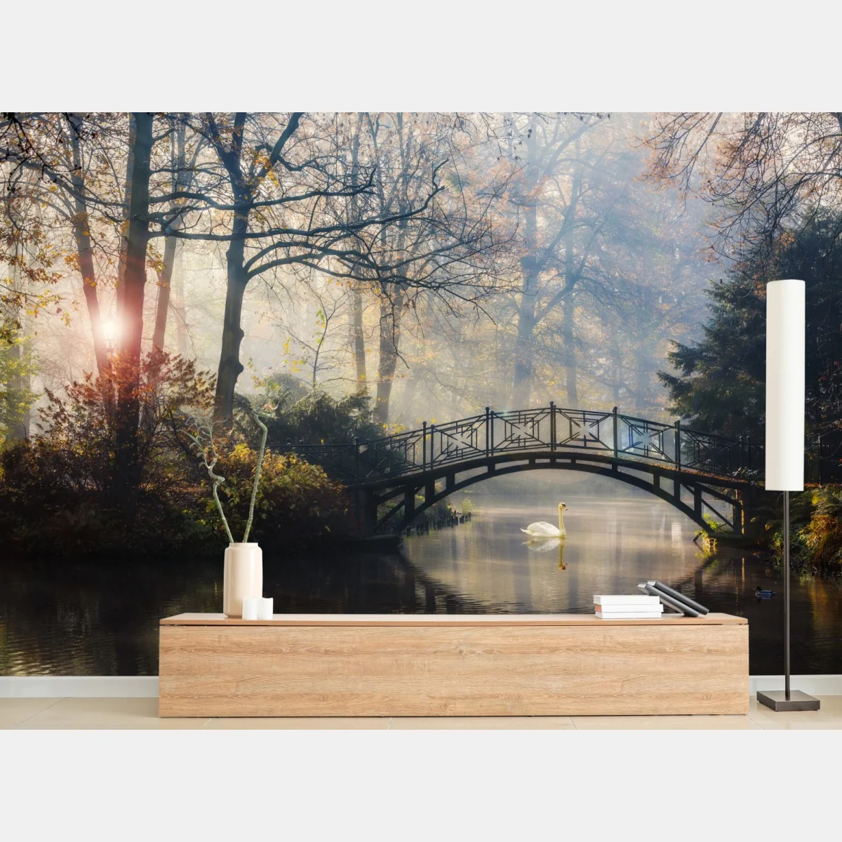 Fototapete neblige herbstbrücke mit schwan – Wallnifity® Fototapete neblige herbstbrücke mit schwan – Wallnifity®