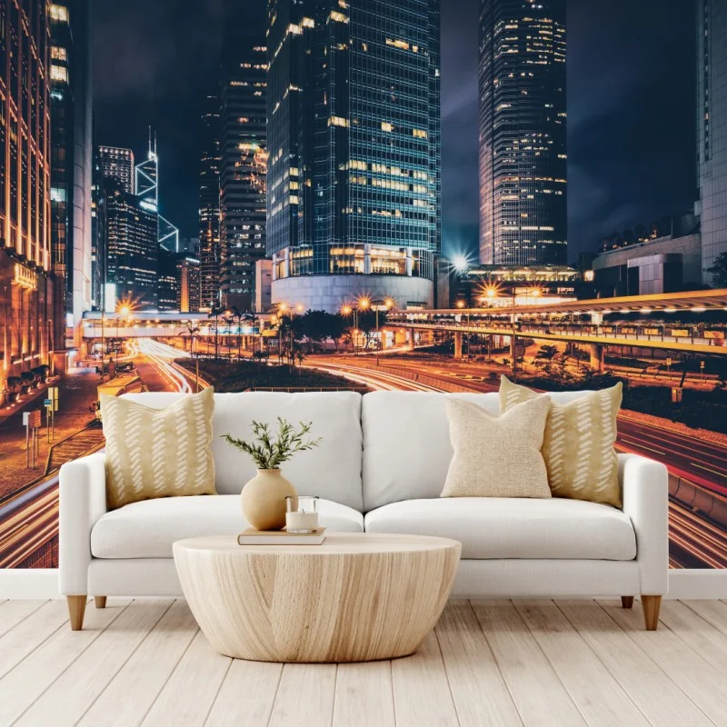 Fototapete nächtliche lichtspuren über der stadtautobahn – Wallnifity® Fototapete nächtliche lichtspuren über der stadtautobahn – Wallnifity®