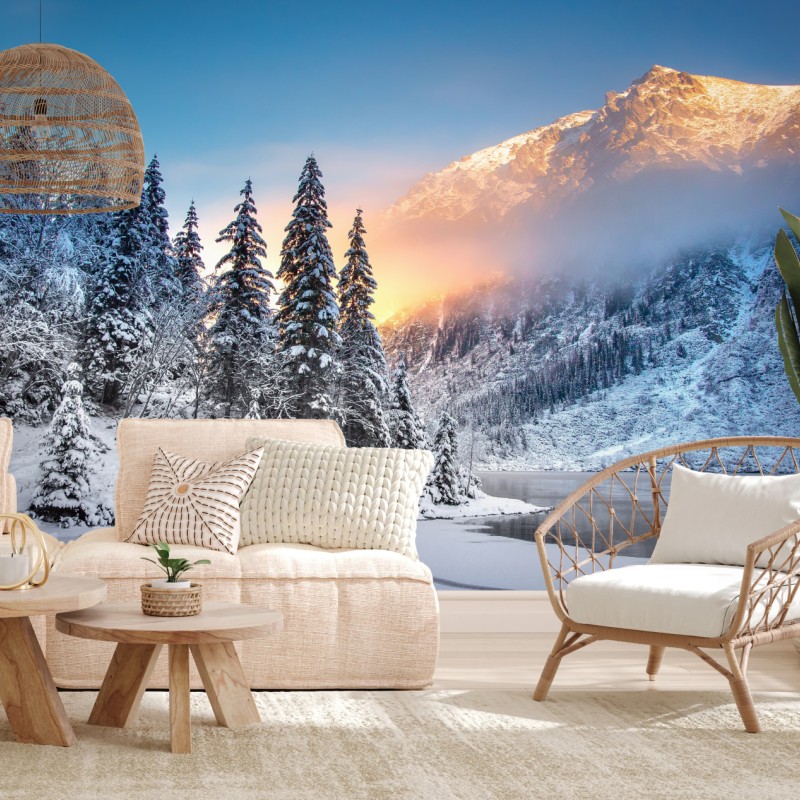 Fototapete wintermorgen über dem verschneiten bergsee