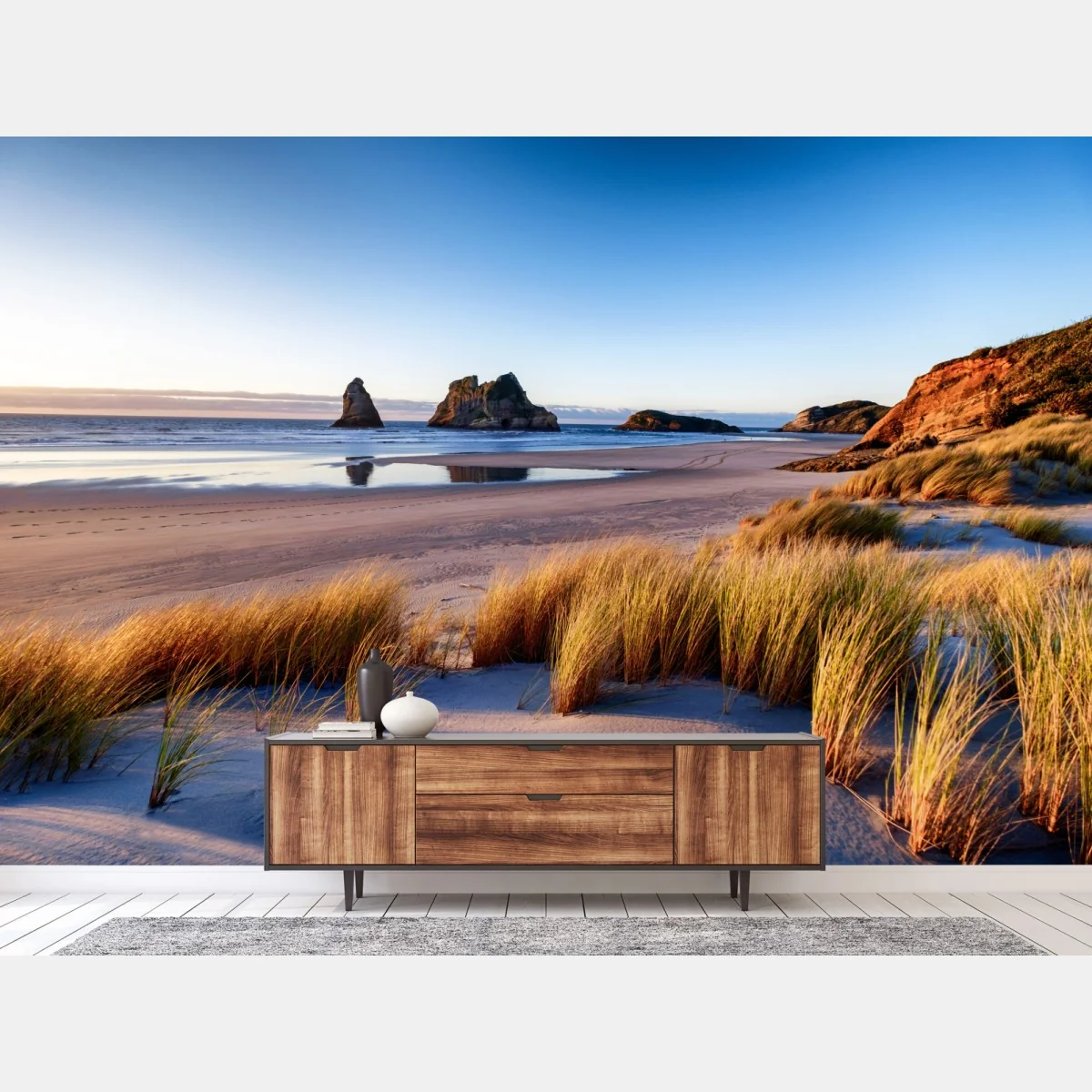 Fototapete Wharariki Beach friedliche küstenlandschaft im morgenlicht – Wallnifity® Fototapete Wharariki Beach friedliche küstenlandschaft im morgenlicht – Wallnifity®