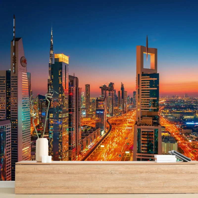 Fototapete Dubai skyline bei dämmerung – Wallnifity® Fototapete Dubai skyline bei dämmerung – Wallnifity®