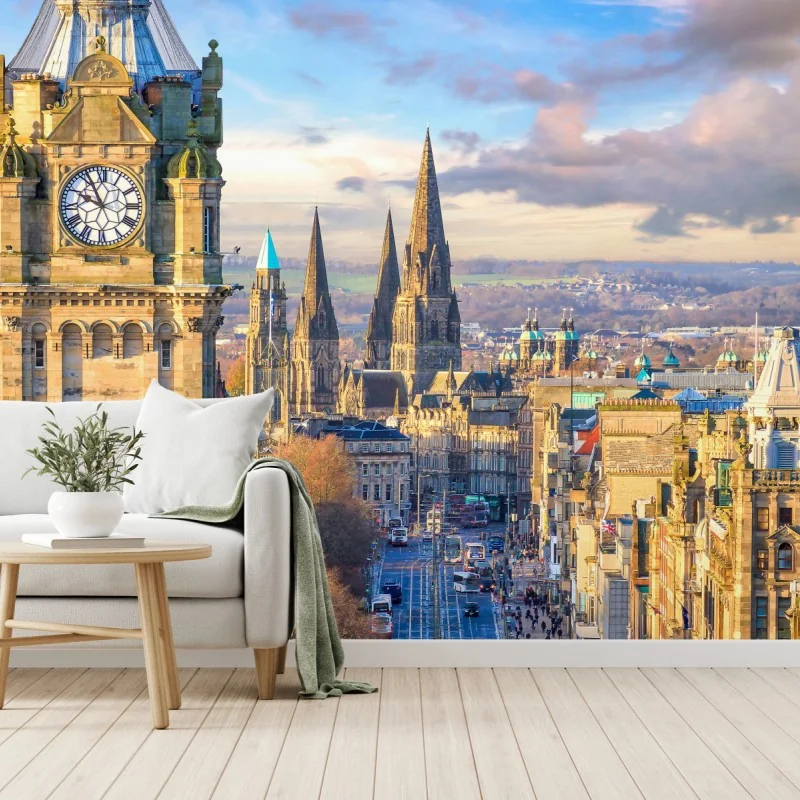 Fototapete Edinburgh skyline mit schloss und uhrturm – Wallnifity® Fototapete Edinburgh skyline mit schloss und uhrturm – Wallnifity®