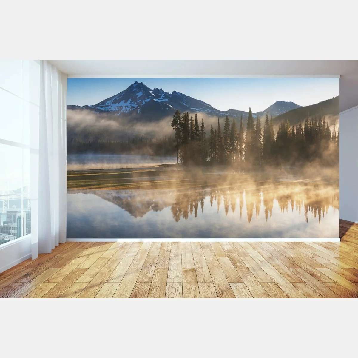 Fototapete nebliger bergsonnenaufgang mit spiegelung – Wallnifity®