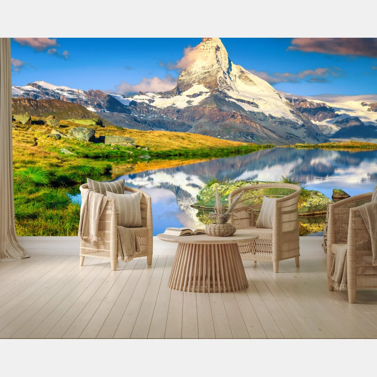 Fototapete majestätisches Matterhorn gespiegelt im alpensee – Wallnifity® Fototapete majestätisches Matterhorn gespiegelt im alpensee – Wallnifity®