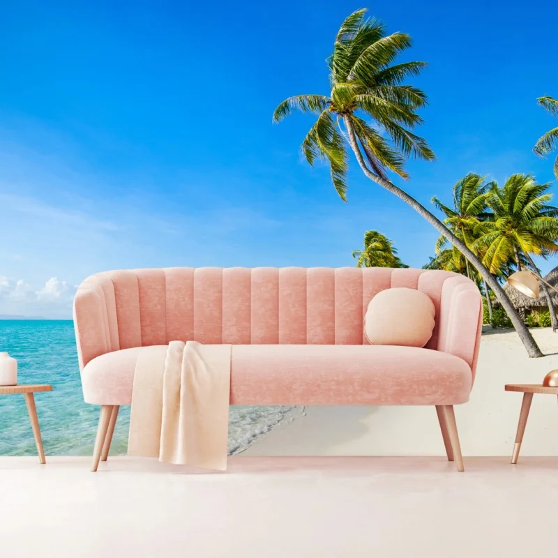 Fototapete tropischer türkisfarbener strand mit palmen