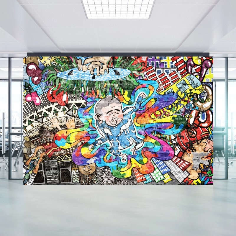 Fototapete buntes graffiti-mural mit träumendem kind
