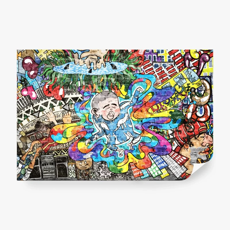 Fototapete buntes graffiti-mural mit träumendem kind