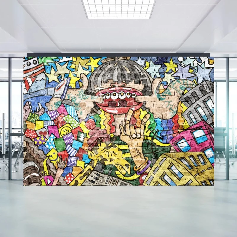 Fototapete buntes graffiti-mural mit verspielter figur