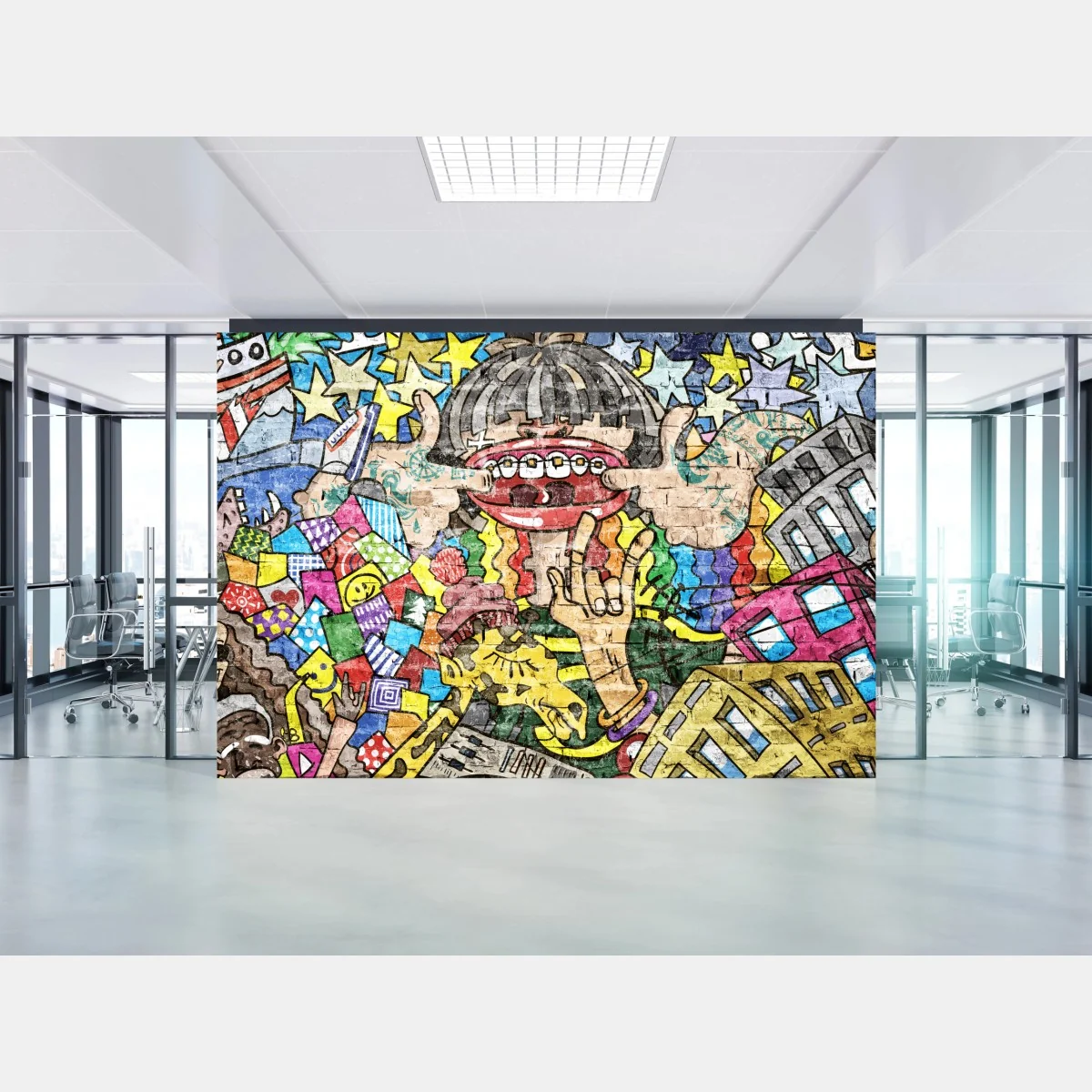 Fototapete buntes graffiti-mural mit verspielter figur – Wallnifity® Fototapete buntes graffiti-mural mit verspielter figur – Wallnifity®