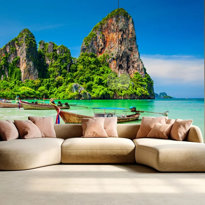 Fototapete longtail-boote an einem tropischen strand, Thailand – Wallnifity® Fototapete longtail-boote an einem tropischen strand, Thailand – Wallnifity®