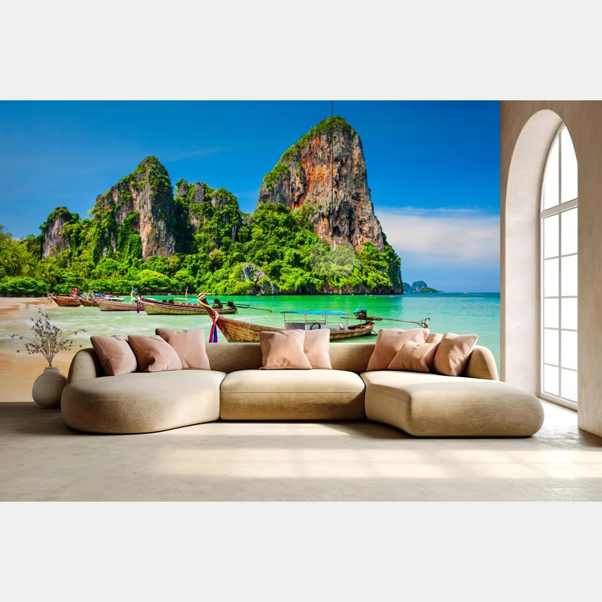 Fototapete longtail-boote an einem tropischen strand, Thailand – Wallnifity® Fototapete longtail-boote an einem tropischen strand, Thailand – Wallnifity®