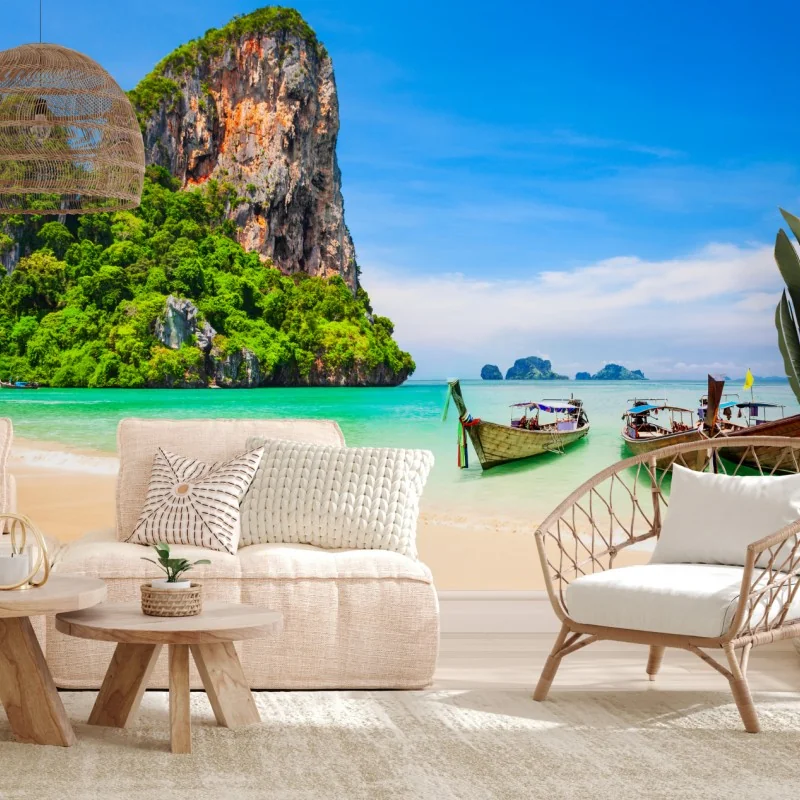 Fototapete tropischer strand mit traditionellen booten in Thailand
