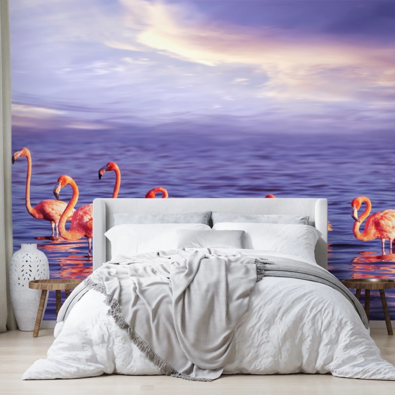 Fototapete rosa flamingos im violetten sonnenuntergang – Wallnifity®