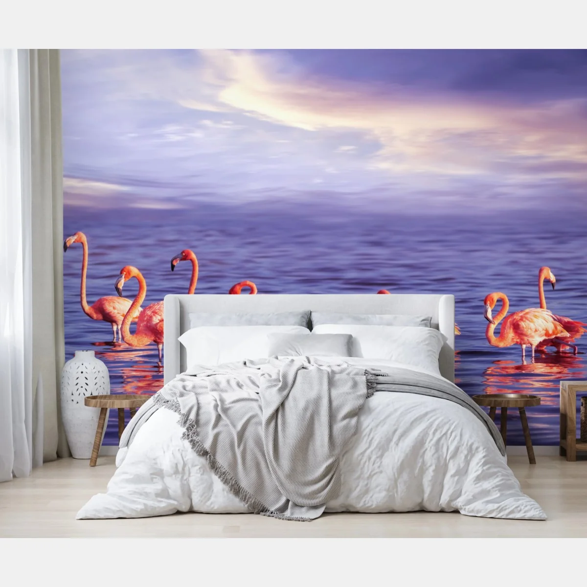 Fototapete rosa flamingos im violetten sonnenuntergang – Wallnifity®