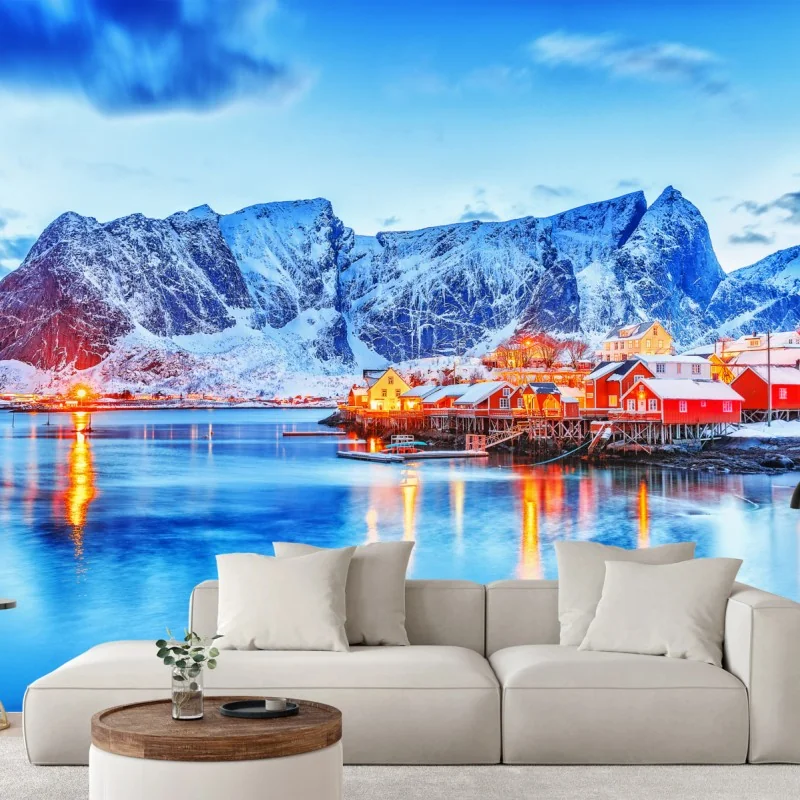 Fototapete verschneites küstendorf unter hohen bergen