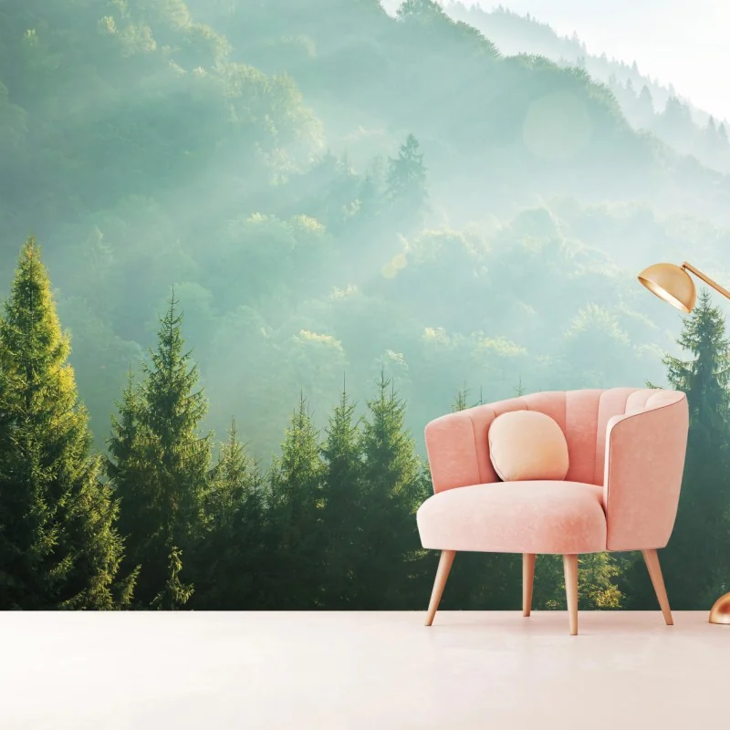 Fototapete neblige fichtenspitzen im morgenlicht – Wallnifity® Fototapete neblige fichtenspitzen im morgenlicht – Wallnifity®