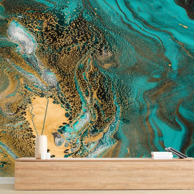 Fototapete türkis und gold fließende abstraktion – Wallnifity® Fototapete türkis und gold fließende abstraktion – Wallnifity®