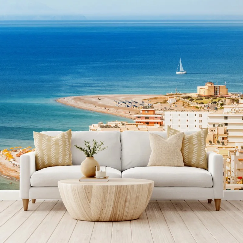 Fototapete sonnige küstenstadt-panorama mit segelboot – Wallnifity® Fototapete sonnige küstenstadt-panorama mit segelboot – Wallnifity®