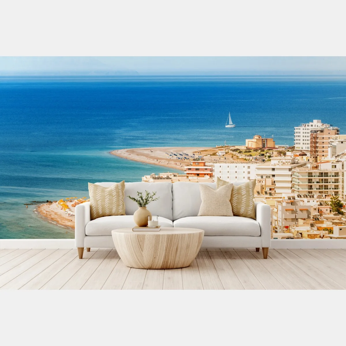 Fototapete sonnige küstenstadt-panorama mit segelboot – Wallnifity® Fototapete sonnige küstenstadt-panorama mit segelboot – Wallnifity®