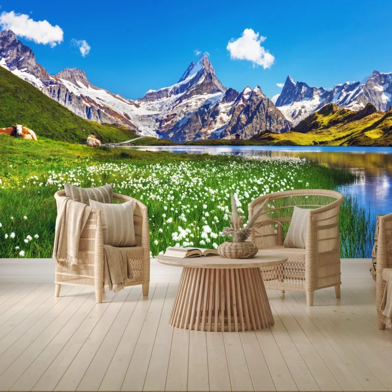 Fototapete alpensee mit blumenwiese und berggipfeln