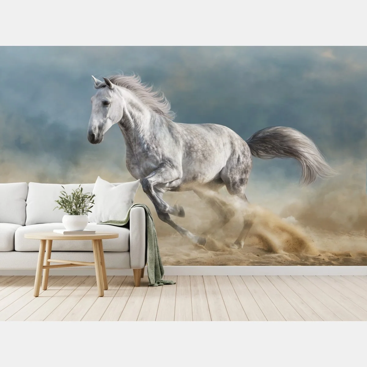 Fototapete majestätisches graues pferd galoppiert durch den sand – Wallnifity® Fototapete majestätisches graues pferd galoppiert durch den sand – Wallnifity®