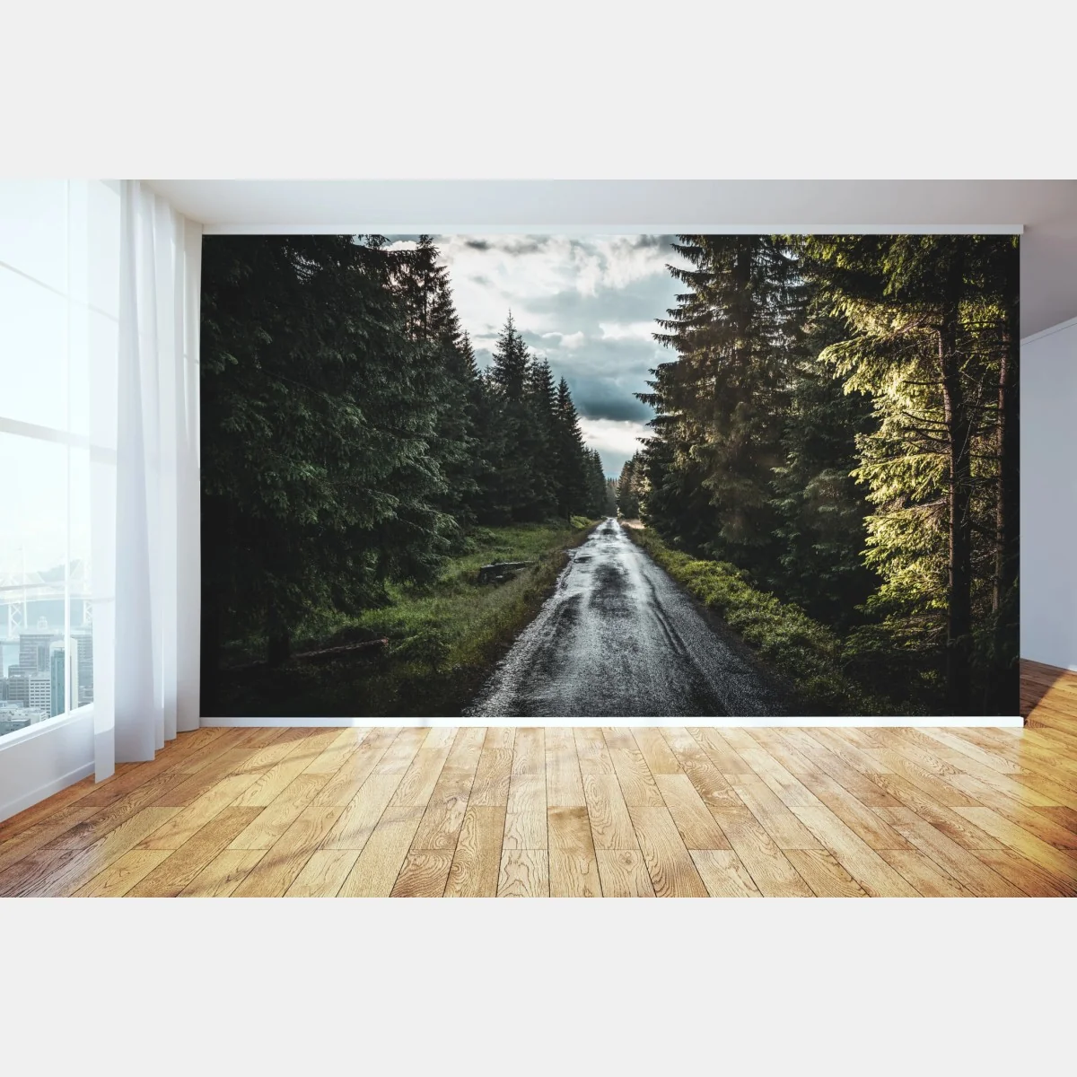 Fototapete waldweg durch neblige kiefern – Wallnifity® Fototapete waldweg durch neblige kiefern – Wallnifity®