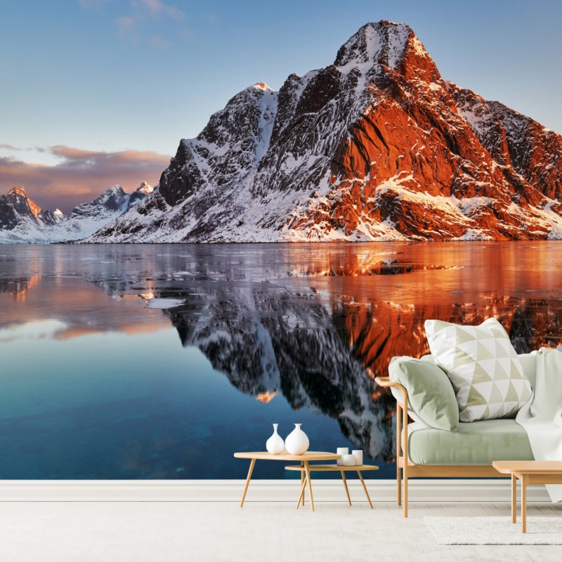 Fototapete Lofoten sonnenaufgang mit bergreflexion