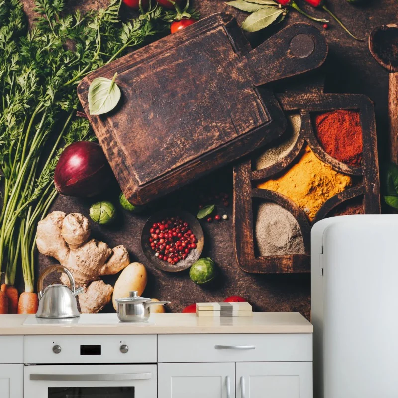 Fototapete rustikales stillleben mit gewürzen und gemüse