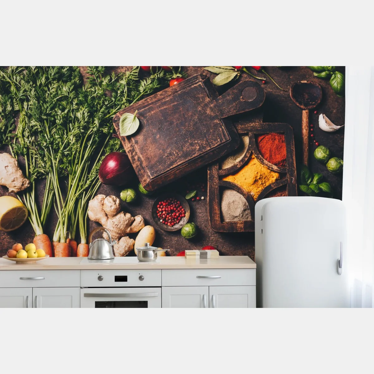 Fototapete rustikales stillleben mit gewürzen und gemüse – Wallnifity®